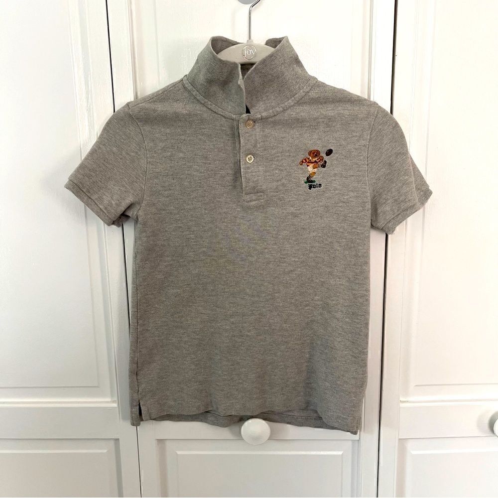 Polo Ralph Lauren Grey Two Button Polo w/ Polo Bear Kicking Rugby Ball Size 7
